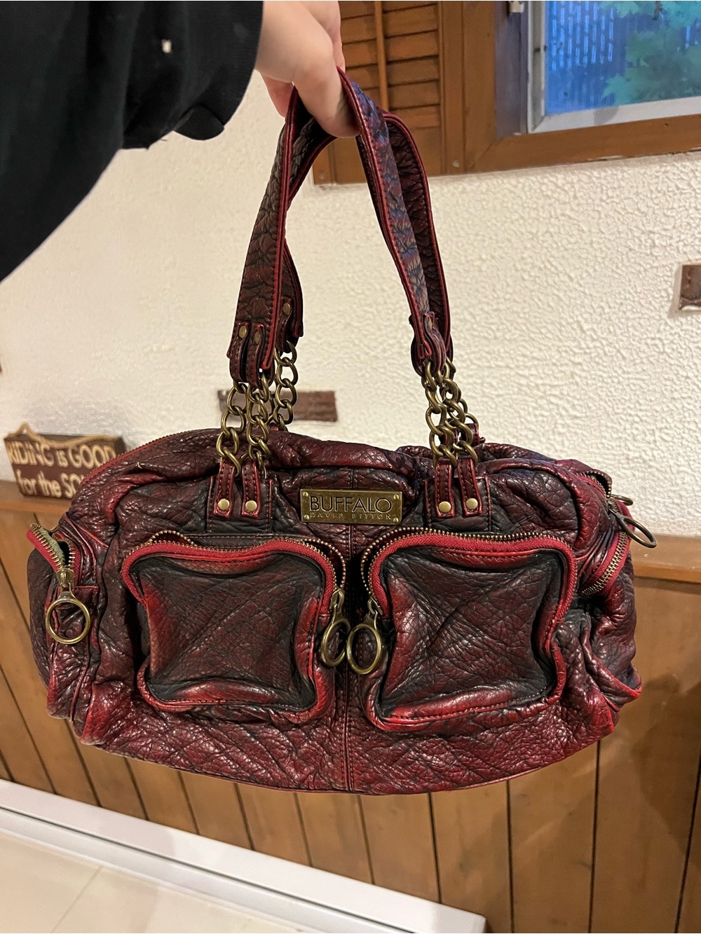 Buffalo David Bitton Distressed Burgundy Red Leather Shoulder Bag